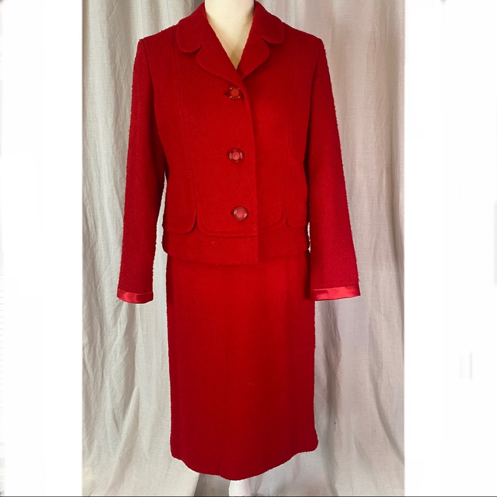 Vintage Red Women's Two-Piece Suit Jacket and Skirt